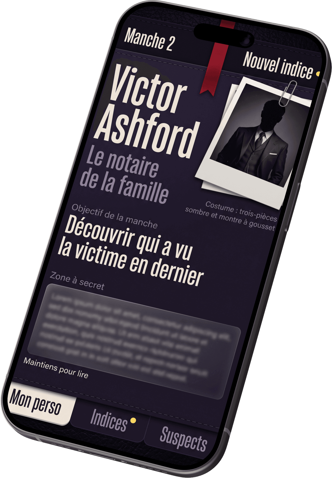 Téléphone d'un joueur : la fiche de Victor Ashford, le notaire de la famille, avec son costume, son objectif de la manche et sa zone à secret